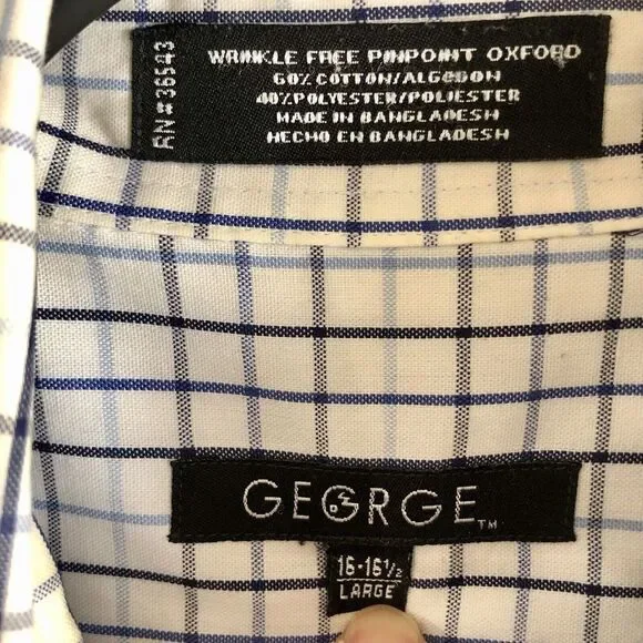 Button Up Dress Shirt Men's Sz L White Long Sleeve Blue Checkered George Western - Picture 9 of 13